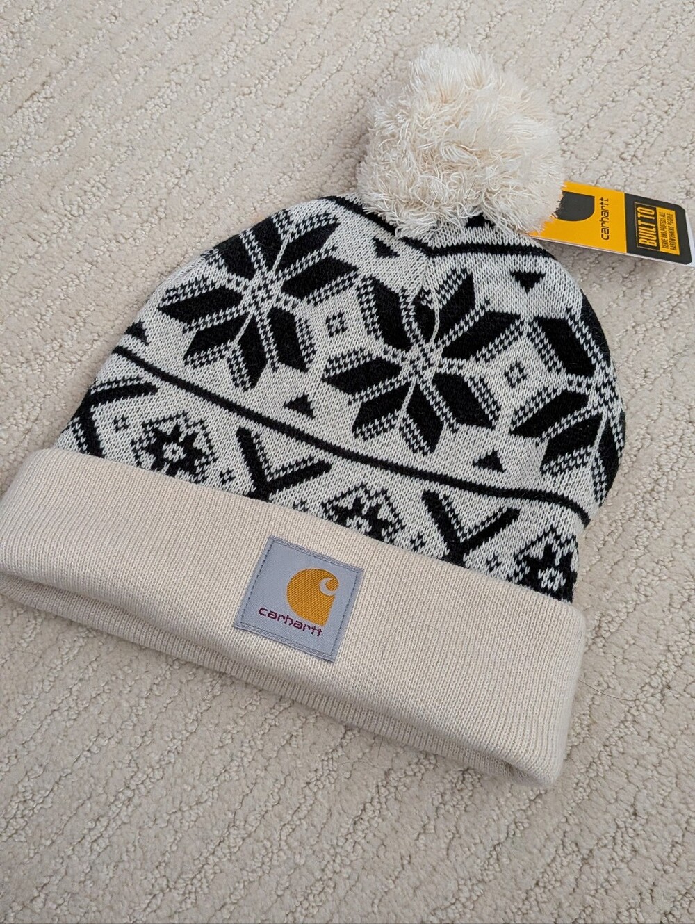 Carhartt One Size Cream & Black Knit Jacquard Pom Beanie